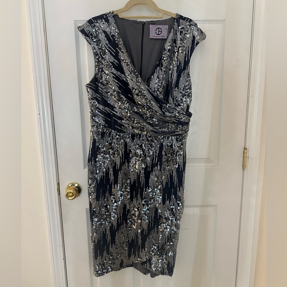 JS Collections Silver Sequin Faux Wrap Cocktail Dress V-Neck Formal Party Dress